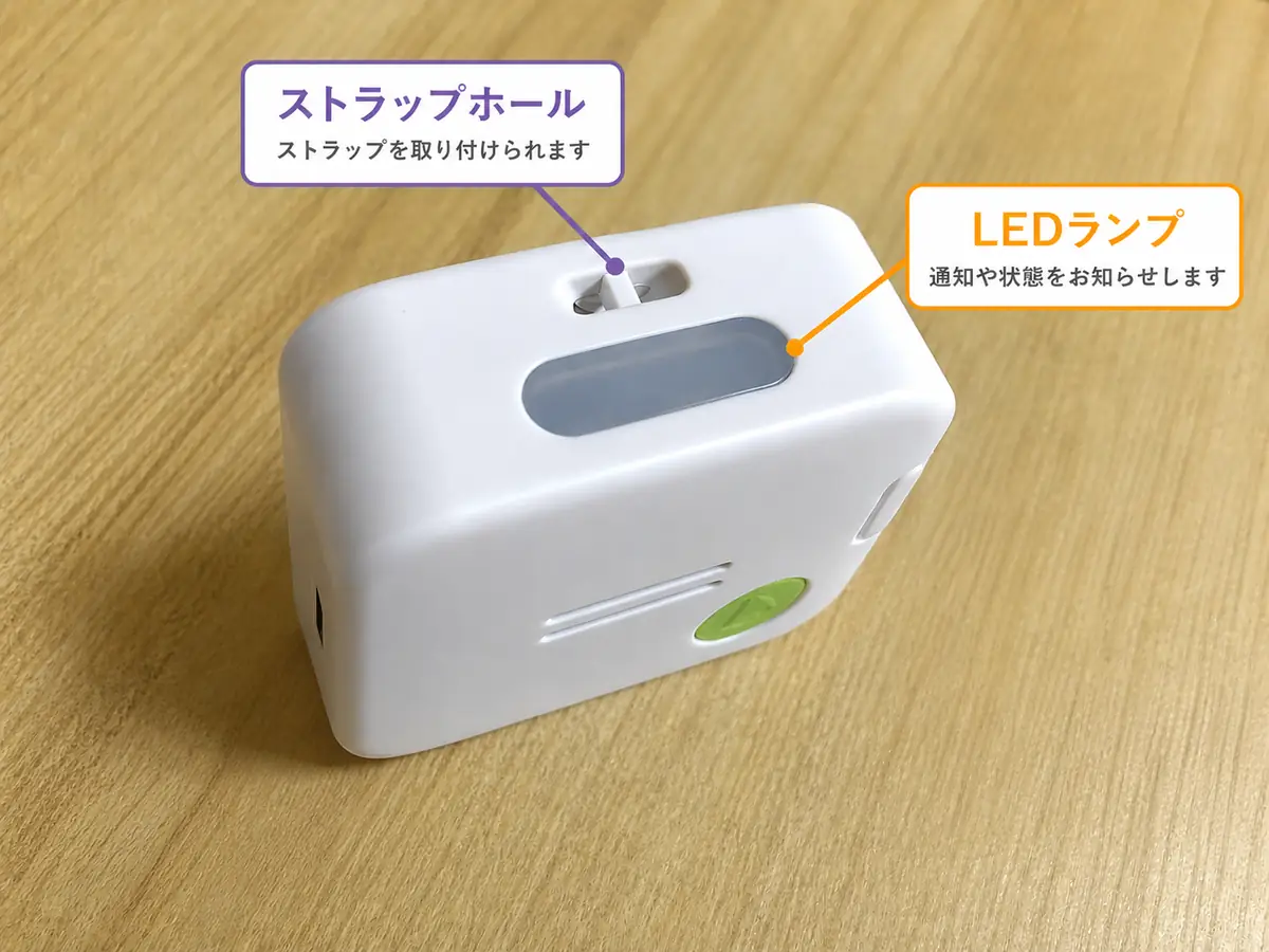 みもりGPSトーク本体上面の各部位（ストラップホール・LEDランプ）の解説図